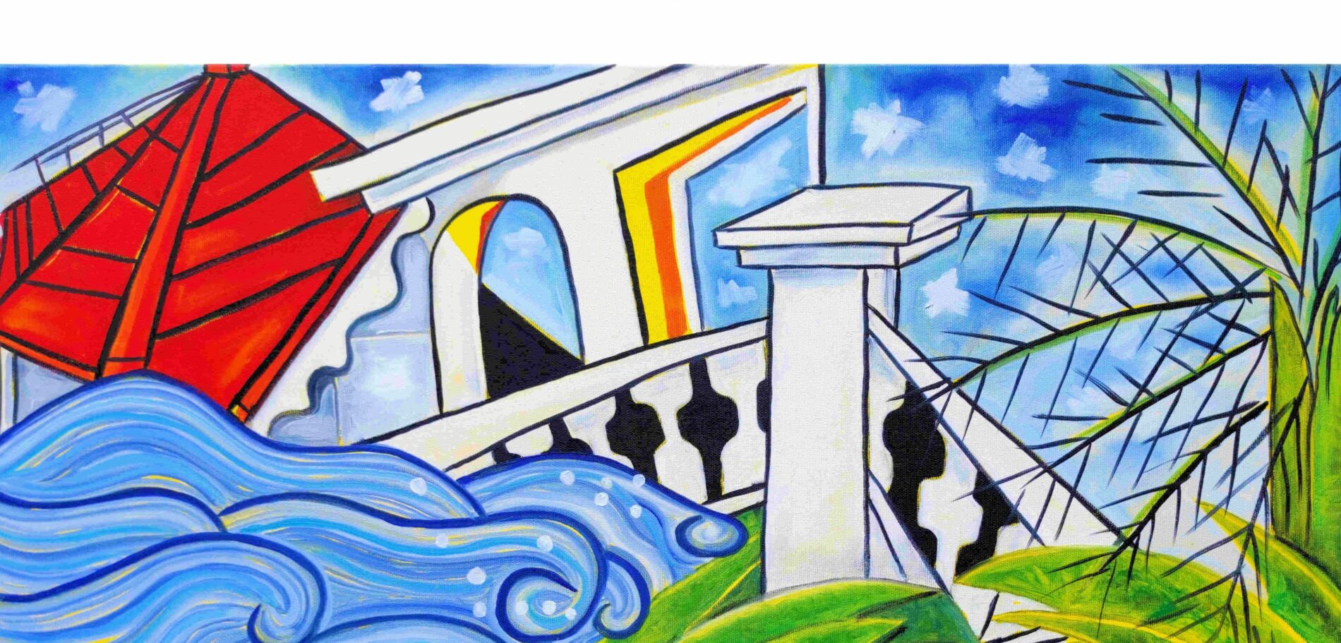 Dominique Dorla - Paysage en créolie - Peinture contemporaine - Architecture créole, océan et végétation tropicale, île de la Réunion